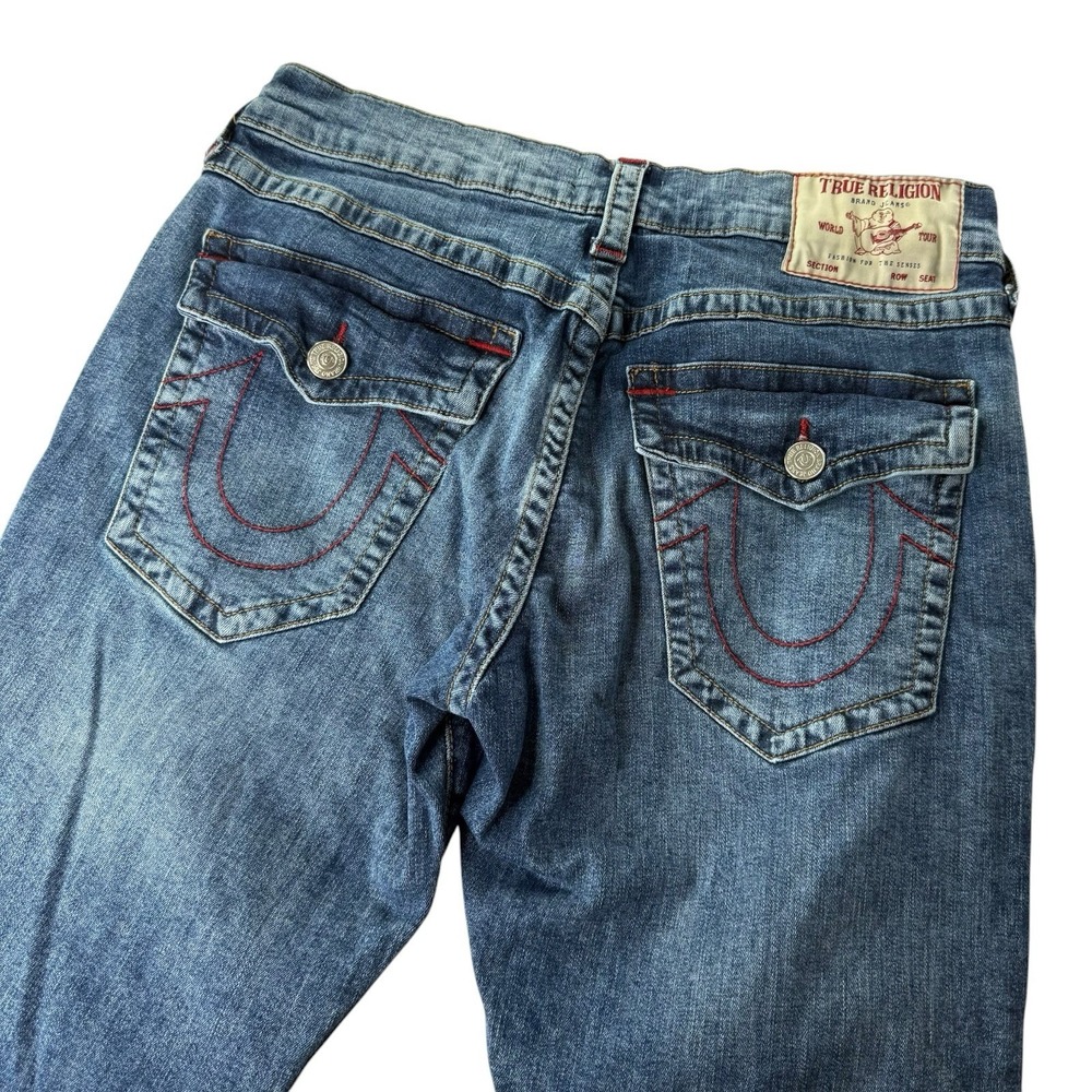 True Religion Ricky Relaxed Straight Jeans Mens 33 Blue Flap Pocket Stretch